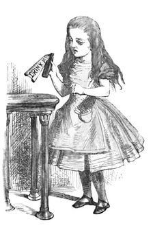 Alice looking at the bottle with the sign drink me'' 1889. Artist: John Tenniel