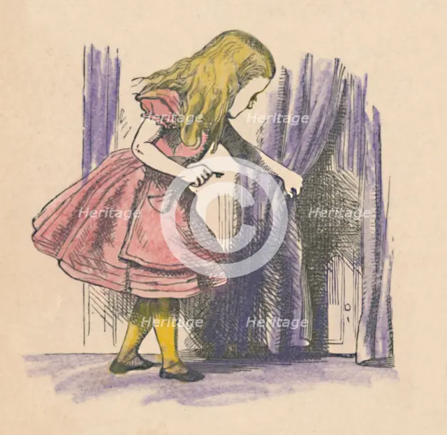 'Alice looking at a small door behind a curtain', 1889. Artist: John Tenniel.