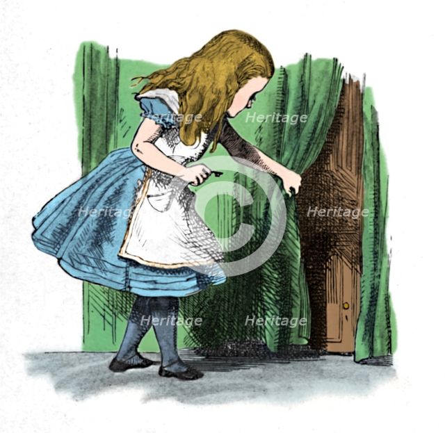 'Alice looking at a small door behind a curtain', 1889. Artist: John Tenniel.