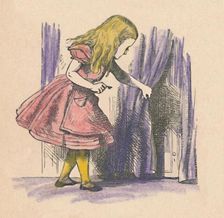 Alice looking at a small door behind a curtain 1889. Artist: John Tenniel