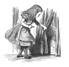 Alice looking at a small door behind a curtain 1889. Artist: John Tenniel
