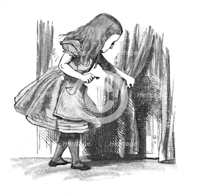 'Alice looking at a small door behind a curtain', 1889. Artist: John Tenniel.