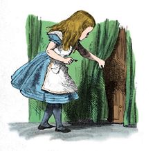 Alice looking at a small door behind a curtain 1889. Artist: John Tenniel