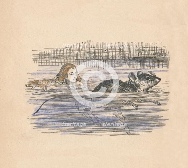 Alice swimming with a mouse in a pool', 1889. Artist: John Tenniel.