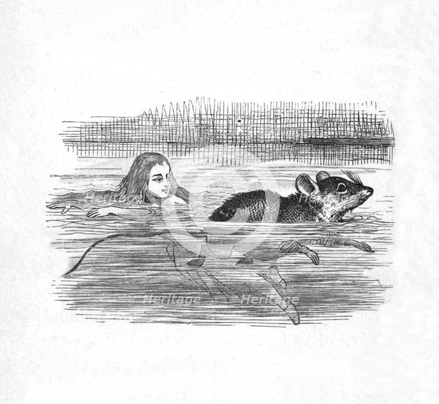 'Alice swimming with a mouse in a pool', 1889. Artist: John Tenniel.