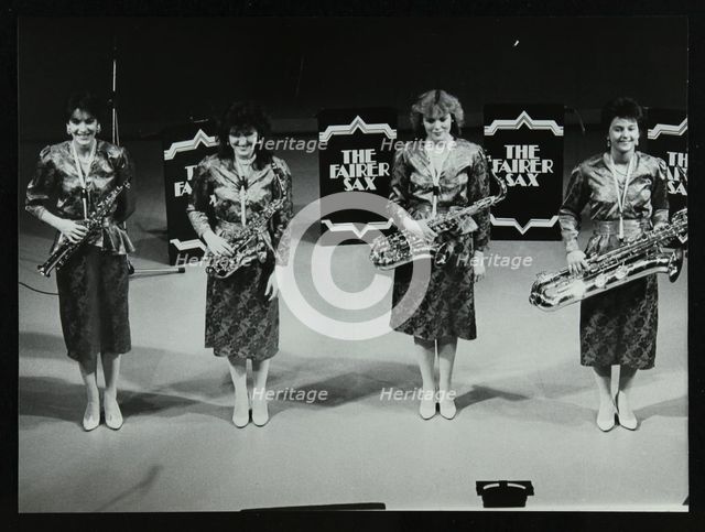 All-female quartet The Fairer Sax on stage at the Forum Theatre, Hatfield, Hertfordshire, 1987. Artist: Denis Williams