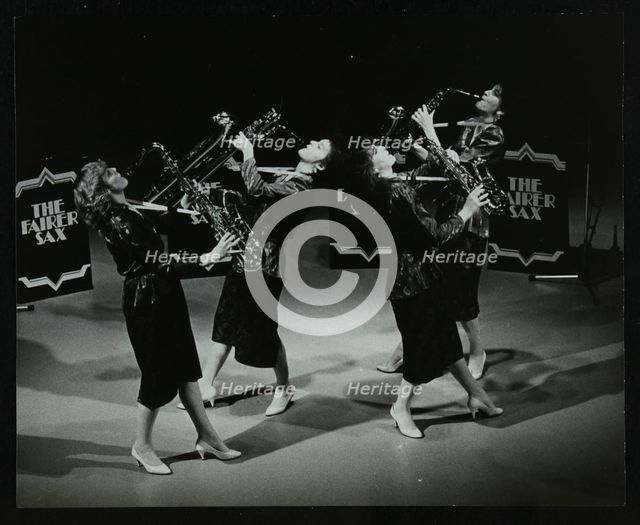 All-female quartet The Fairer Sax performing at the Forum Theatre, Hatfield, Hertfordshire, 1987. Creator: Denis Williams.