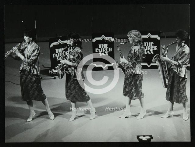 All-female quartet The Fairer Sax performing at the Forum Theatre, Hatfield, Hertfordshire, 1987. Creator: Denis Williams.