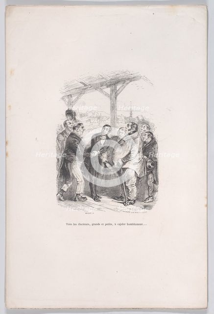 All voters, big and small, gather to humbly coax each other... from the Little Miseries of..., 1843. Creator: Jean Ignace Isidore Gerard.