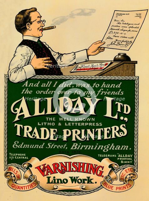 'Allday Ltd., Trade Printers advertisement', 1910. Artist: Unknown.