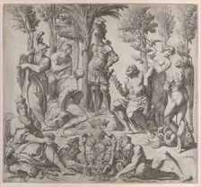 Allegorical composition with six Olympian gods gathered around a figure in armor, 1615-35., 1615-35. Creator: Oliviero Gatti