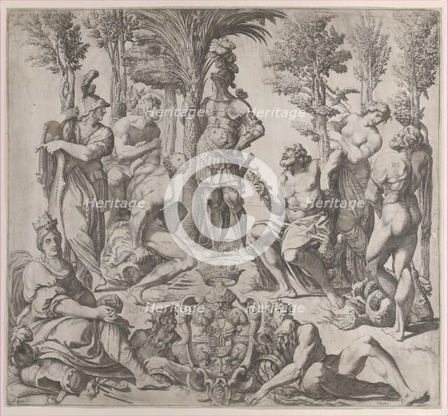Allegorical composition with six Olympian gods gathered around a figure in armor, 1615-35., 1615-35. Creator: Oliviero Gatti.