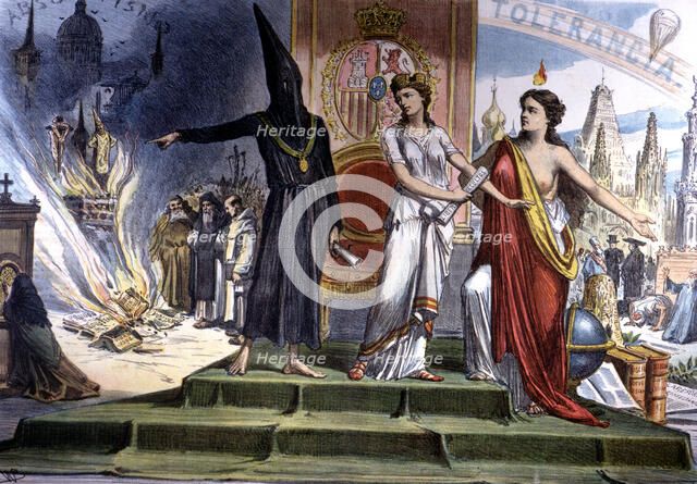 Allegorical drawing to religions and freedom of religion, 'Las dos Españas' published in 'La Made…