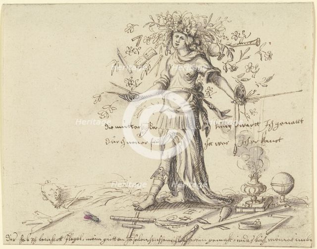 Allegorical female figure with a garland of flowers in her hair, 1621. Creator: Leonhardt Flegel.