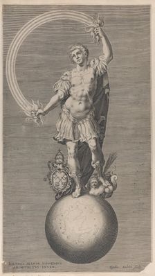 Allegorical figure of a warrior standing on a globe with the papal coat of arms a..., ca. 1588-1629. Creator: Aegidius Sadeler II