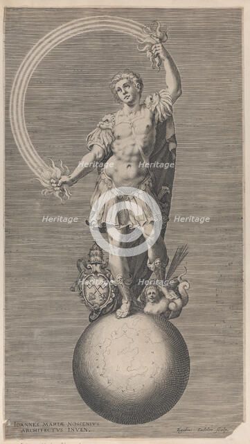 Allegorical figure of a warrior standing on a globe with the papal coat of arms a..., ca. 1588-1629. Creator: Aegidius Sadeler II.