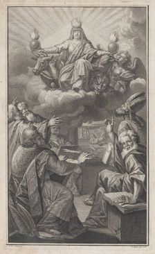 Allegorical figure appearing on clouds overhead while a group of men gathered below look u..., 1728. Creator: Claude-Augustin Duflos