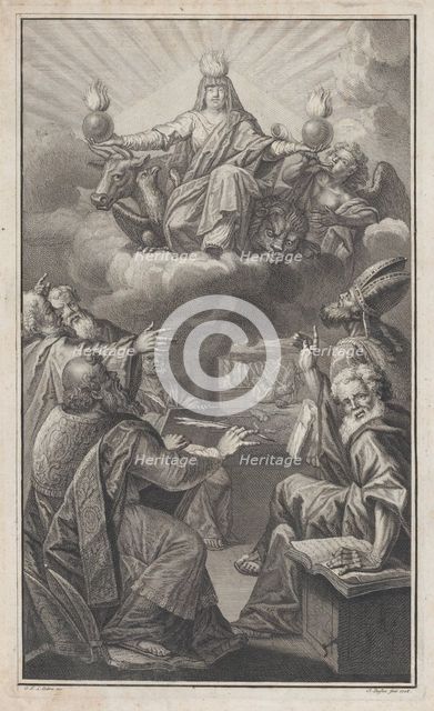 Allegorical figure appearing on clouds overhead while a group of men gathered below look u..., 1728. Creator: Claude-Augustin Duflos.