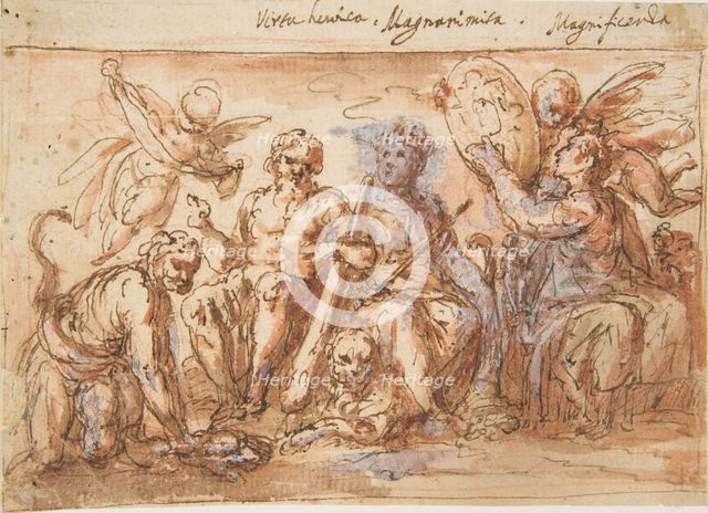 Allegorical Figures: Force, Hercules Strangling the Hydra, Plenty, and Fame, 1600-1650. Creator: Bernardino Rodriguez.