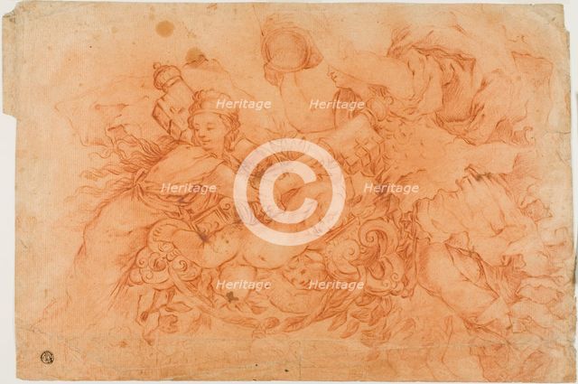 Allegorical Figures Holding the Papal Insignia, study after the Allegory of Divine..., c.1650. Creator: Luca Giordano.