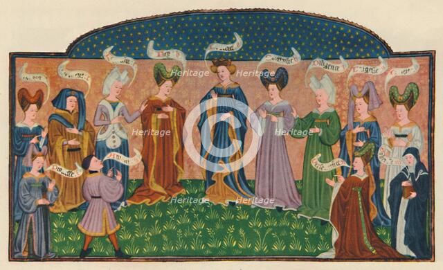 Allegorical figures in court dress, 1445, (1948).  Creator: Unknown.