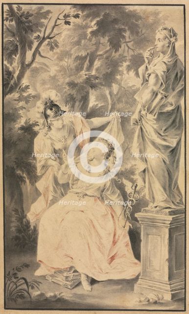 Allegorical Scene: Couple before a Statue, 1700s. Creator: F. Müller (German).