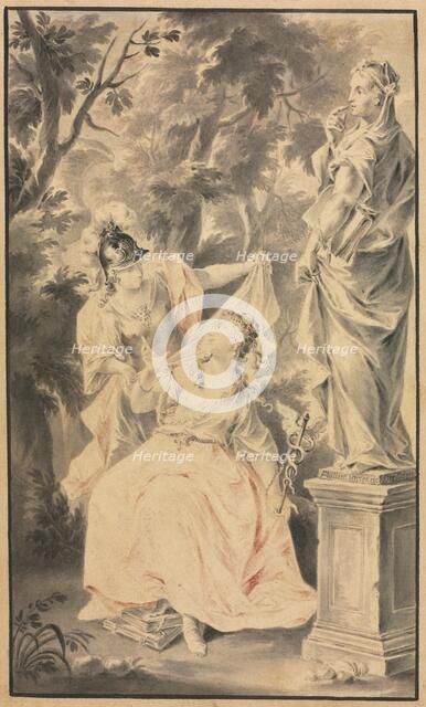 Allegorical Scene: Couple before a Statue, 1700s. Creator: F. Müller (German).