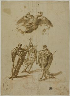 Allegorical Subject: Two-headed Imperial Eagle on Clouds; On Ground, a Draped..., 16th century. Creator: Unknown