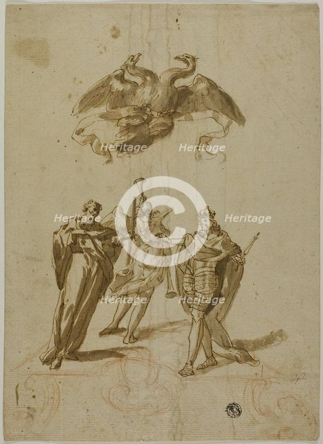 Allegorical Subject: Two-headed Imperial Eagle on Clouds; On Ground, a Draped..., 16th century. Creator: Unknown.