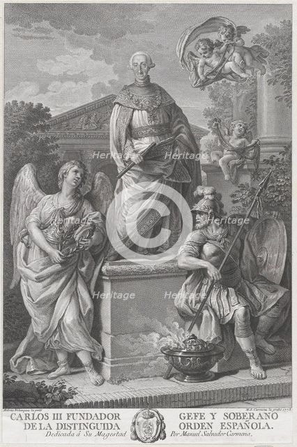 Allegorical portrait of Carlos III standing on a pedestal flanked by figures (War and Peac..., 1778. Creator: Manuel Salvador Carmona.
