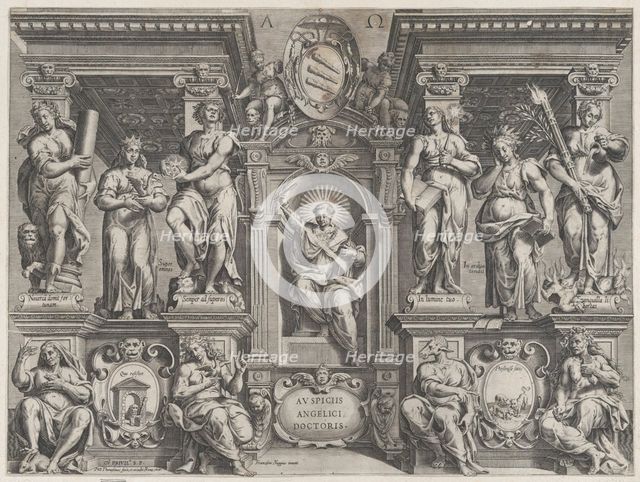 Allegorical thesis print with various figures, set in an architectural structure, 1608. Creator: Philippe Thomassin.