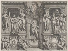 Allegorical thesis print with various figures, set in an architectural structure, 1608. Creator: Philippe Thomassin