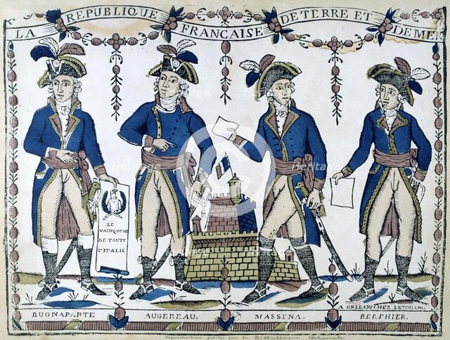 Allegories of Bonaparte, Augereau, Massina, Berphier, France, 1789. Artist: Unknown