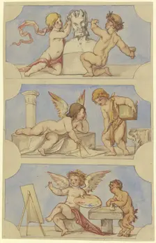 Allegories of sculpture, architecture, and painting embodied by putti, c1850-1870. Creator: Victor Muller