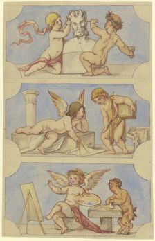 Allegories of sculpture, architecture, and painting embodied by putti, c1850-1870. Creator: Victor Muller