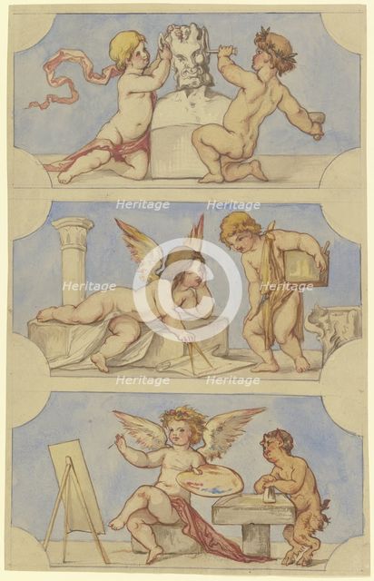 Allegories of sculpture, architecture, and painting embodied by putti, c1850-1870. Creator: Victor Muller.