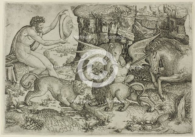 Allegory: Combat of Animals in the Presence of Man with Shield, 1515/20. Creator: Master of the Beheading of St. John the Baptist.