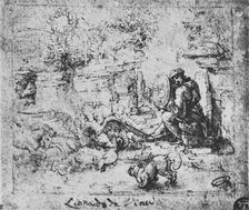 Allegory: Animals Fighting and a Man with a Burning-Glass c1480 (1945). Artist: Leonardo da Vinci