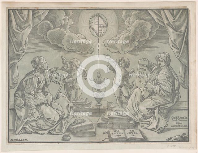 Allegory of a thesis, two women hold inscribed tablets, 1640. Creator: Bartolomeo Coriolano.