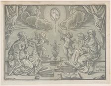 Allegory of a thesis, two women hold inscribed tablets, 1640. Creator: Bartolomeo Coriolano