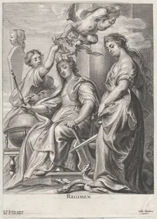 Allegory of Good Government, seated at center and being crowned by a putto and a wo..., ca. 1640-74. Creator: Pieter de Jode II
