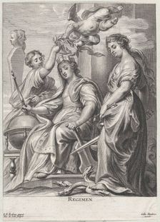 Allegory of Good Government, seated at center and being crowned by a putto and a wo..., ca. 1640-74. Creator: Pieter de Jode II