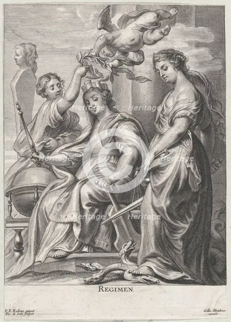 Allegory of Good Government, seated at center and being crowned by a putto and a wo..., ca. 1640-74. Creator: Pieter de Jode II.