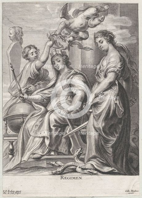 Allegory of Good Government, seated at center and being crowned by a putto and a wo..., ca. 1640-74. Creator: Pieter de Jode II.
