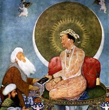 Allegory of Emperor Jahangir (1605 - 1627), son of Akbar, the third Mongol emperor miniature, J…