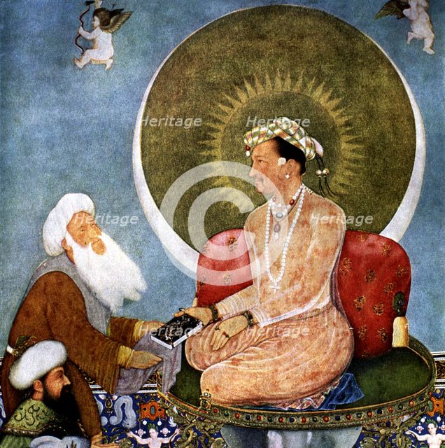Allegory of Emperor Jahangir (1605 - 1627), son of Akbar, the third Mongol emperor', miniature, J…