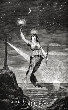 Allegory of Electric Light. From "Physique et chimie populaires" by Alexis Clerc, Early 1880s. Creator: Anonymous