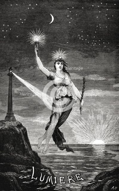 Allegory of Electric Light. From "Physique et chimie populaires" by Alexis Clerc, Early 1880s. Creator: Anonymous.