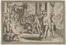 Allegory of Justice (Sanctity of the Law) with a court scene depicting a man being pardone..., 1605. Creator: Willem van Swanenburg