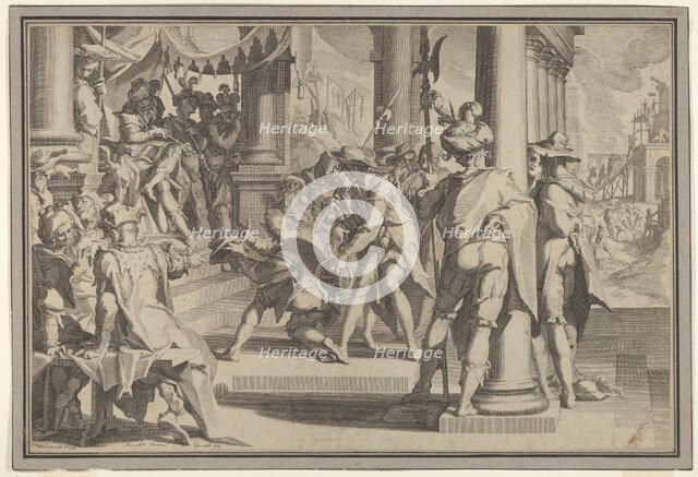 Allegory of Justice (Sanctity of the Law) with a court scene depicting a man being pardone..., 1605. Creator: Willem van Swanenburg.